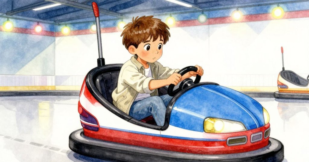 低角度視角展現林登駕駛碰碰車,臉上堅定表情映襯著上方閃爍彩燈,動感十足