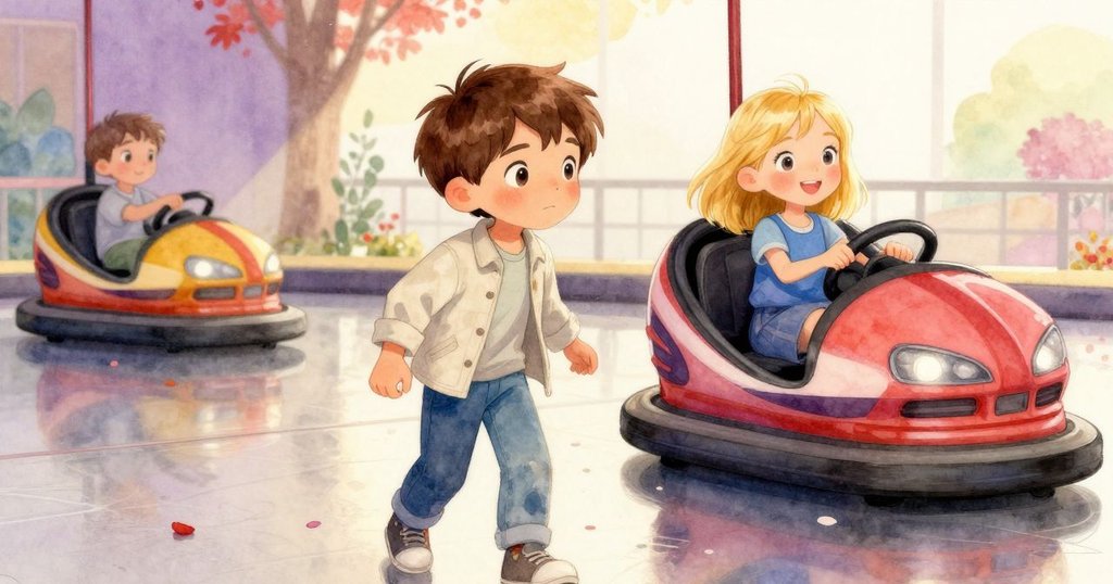 場景中碰碰車與季節裝飾相互輝映,地面上散落花瓣,透出明亮溫暖氣氛與活力