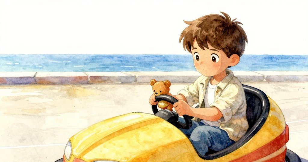 林登坐於碰碰車中手握救回玩具,目光堅定望向遠方,場景由喧囂轉為寧靜,溫暖光線籠罩全局