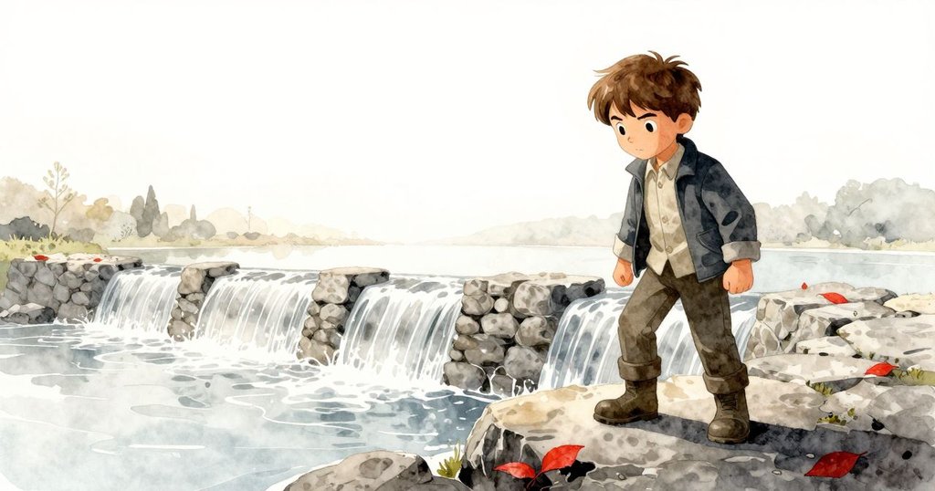 Wilder 在晨光中站於石堤邊，指著鮮紅楓葉，背景沙丘與流動水交織，充滿好奇與期待。