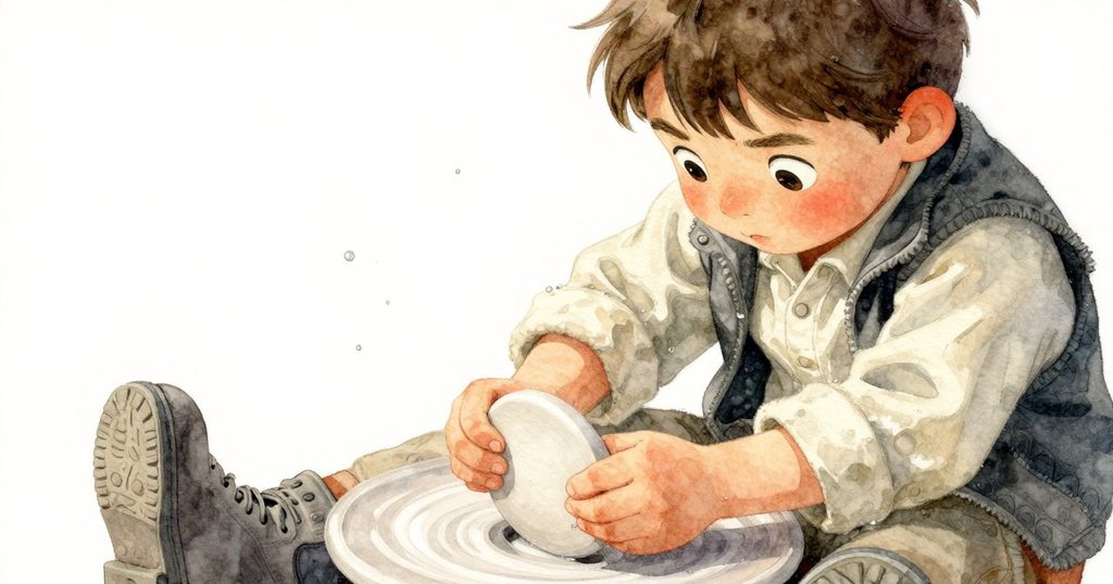 Wilder專注細察橢圓陶片，其手輕觸石塊堆中濕潤物件，透出溫柔與認真修復之情。