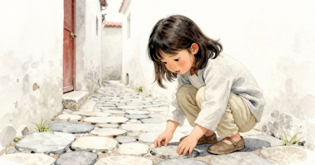 Nadia蹲於石縫間，用腳跟輕敲石塊，青藻閃爍似秘密空間，流露出專注又好奇的神情。