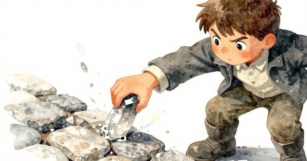 Wilder專注將嶄新石塊嵌入牆縫，手腕旋轉與水滴軌跡交織，動感充滿力量與柔和光芒。