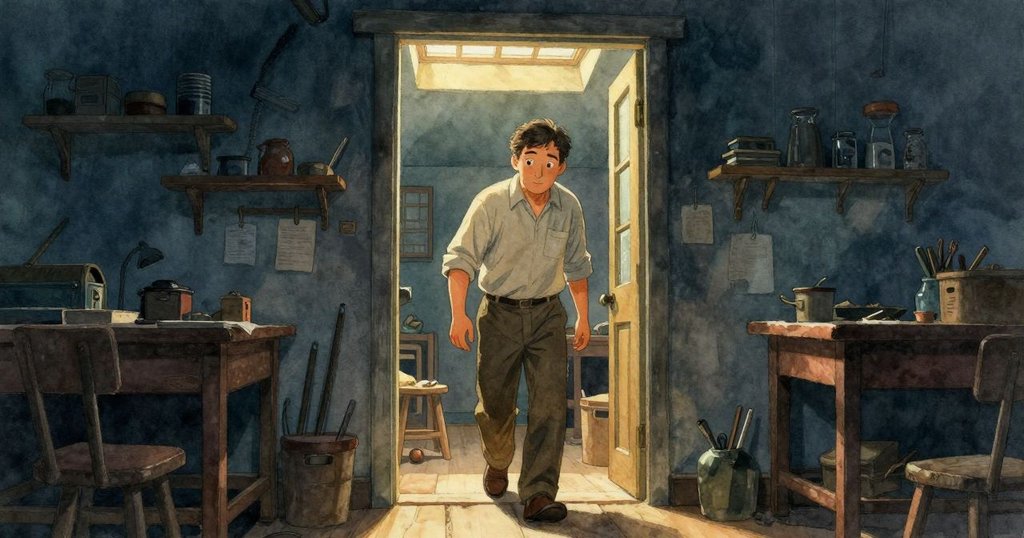 傑斯羅踏入充滿柔和陽光的工作室，從半開門口進入，神情充滿期待與興奮