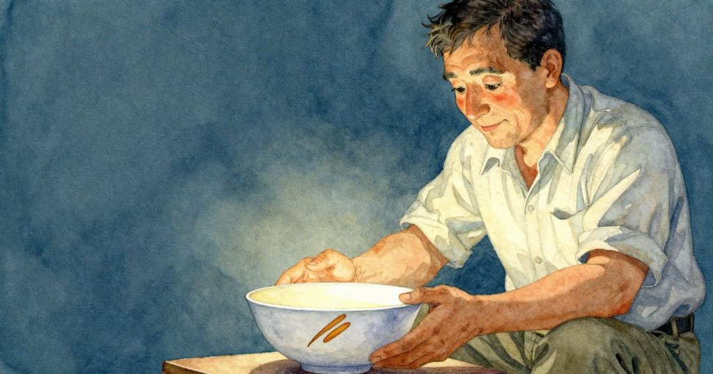 傑斯羅專注地持著緩轉的碗，碗面上細緻的橙色爪痕在光線中閃耀，充滿深意