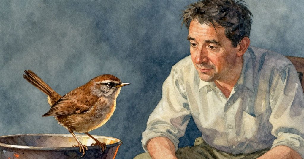 從傑斯羅視角看見小鳥安坐在碗邊，橙色光線穿透細緻爪痕，散發出温暖而寧靜的美感