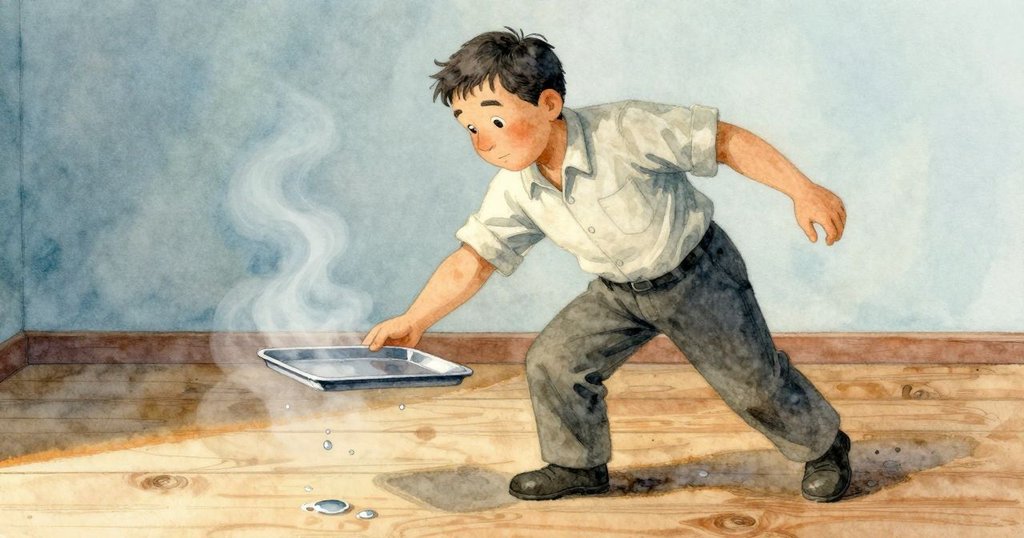 傑斯羅驚訝地朝傾倒的托盤奔去，水滴四散落在雪松板上，蒸汽瀰漫中氛圍轉向冷卻