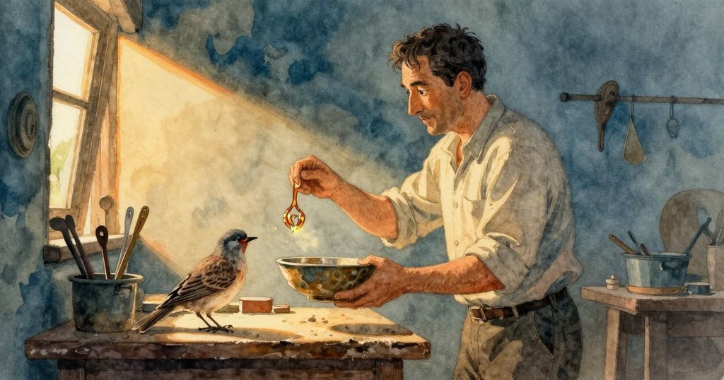 傑斯羅在黃昏金色光影中調整碗角，小鳥靜待中，爪痕折射出雙道溫暖光芒，結局溫馨而寧靜