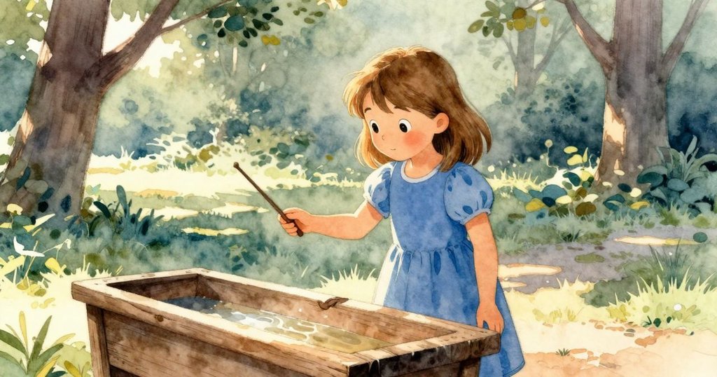 莉莉在公園早晨柔和光線中站在木質水槽邊，小手觸碰魔法棒，眼中充滿好奇與期待。