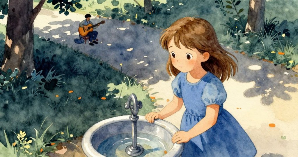 從一隻小鳥視角看公園場景中，莉莉於水槽旁操作魔法棒，遠處聽見彈奏吉他的藝人，氛圍奇幻。