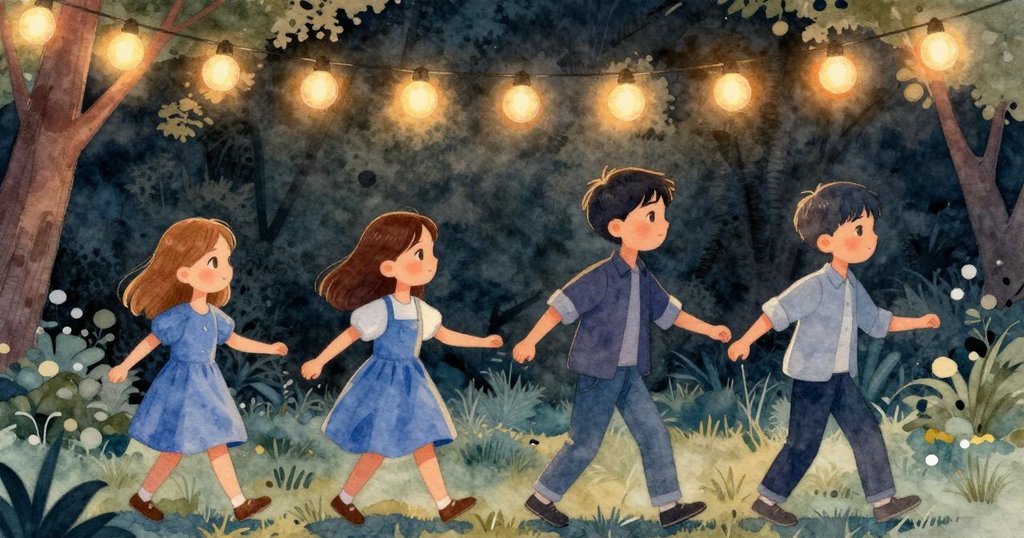 莉莉與迪恩在公園角落昏黃燈光下並肩操作魔法圈，燈光與木質背景共同營造出奇幻室內氛圍。