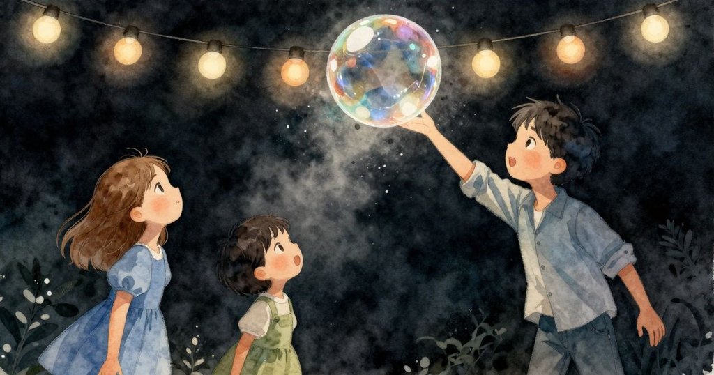 巨大的泡泡在燈串上方緩緩升起，色彩轉換後輕輕破裂，莉莉與迪恩驚訝凝視，冷霧彌漫公園。