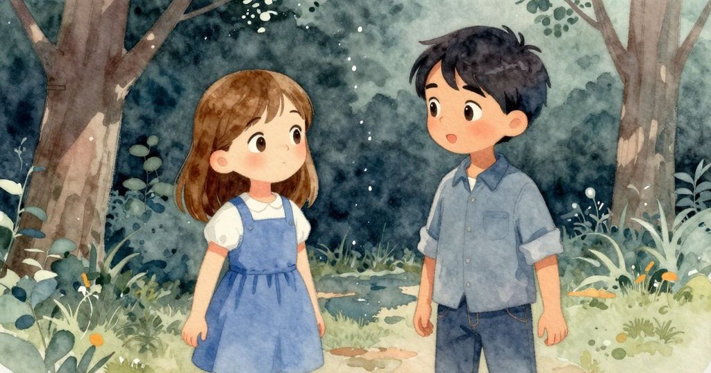 在泡泡破裂後餘韻中，莉莉與迪恩靜靜交流，水滴敲擊木槽發出節奏，公園中洋溢著淡淡魔法氛圍。