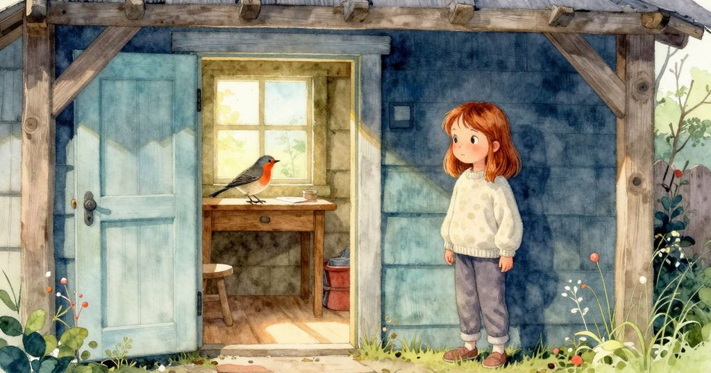 Bethan站在木屋外,用單腳平衡,觀察著屋內橡木桌上跳躍的小鳥,充滿晨光與寧靜氛圍。