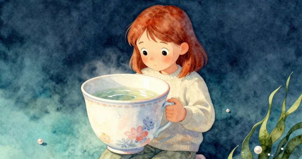 近距離觀察瓷杯,杯沿覆滿灰塵並散發微光,彷彿置於半透明水中,背景中隱現另一只瓷杯。