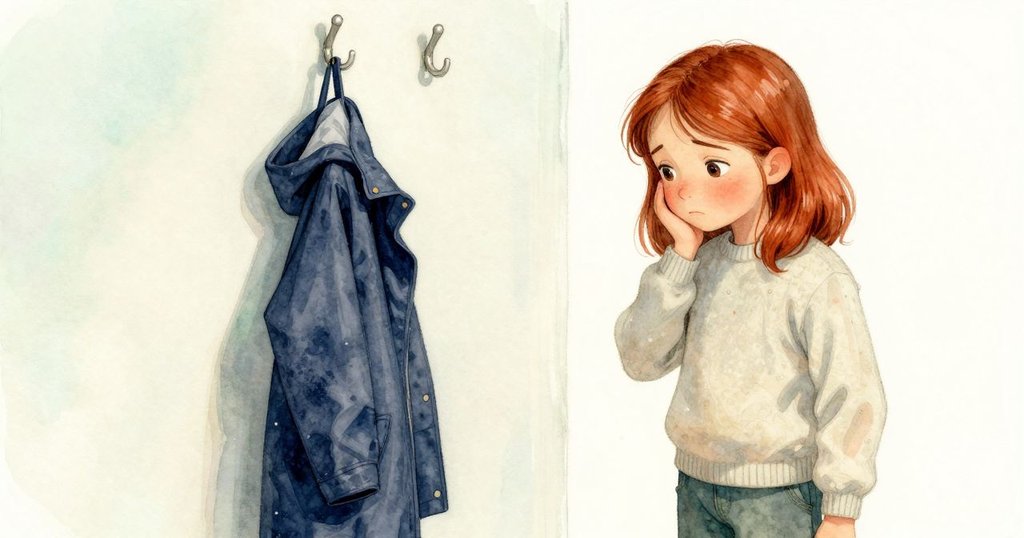 Bethan站在空掛鉤旁,凝望掛著折疊雨衣的掛勾,神情中透露著內心糾結與回憶的沉思。