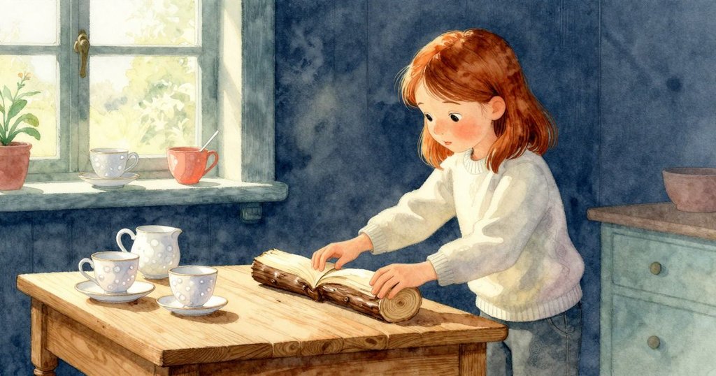 Bethan在木屋內專注地整理打開的日誌,精心擺放瓷杯,窗外旋轉著物件,呈現出寧靜重聚的暖陽氛圍。