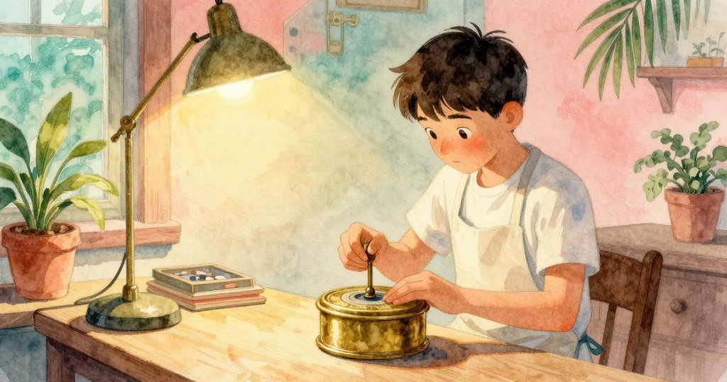 格雷姆在溫暖燈光照耀下的工作坊中轉動音樂盒鑰匙,背景有窗外微光及散落木屑,表情專注