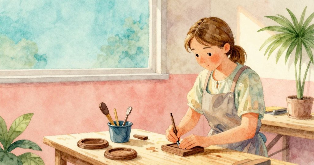 伊德爾在工作坊角落中跪坐打磨胡桃木盒蓋,背景空白突顯細膩動作,神情平靜專注