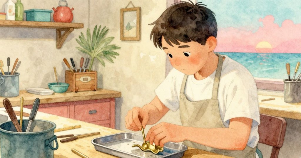 在工作坊另一區,格雷姆用工具精細移除歪斜銅釘,銅釘落入錫盤發出清脆聲響,氛圍平和