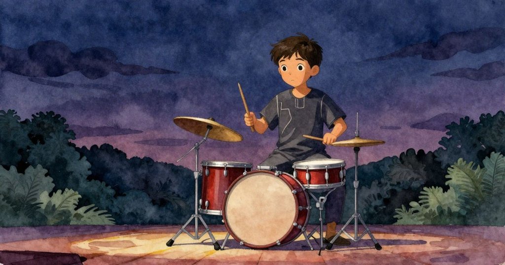 黃昏時分鼓手站在太鼓平台上調整金屬銷釘,背景木質結構與暗藍夜空交織,充滿戲劇光影與堅定神情