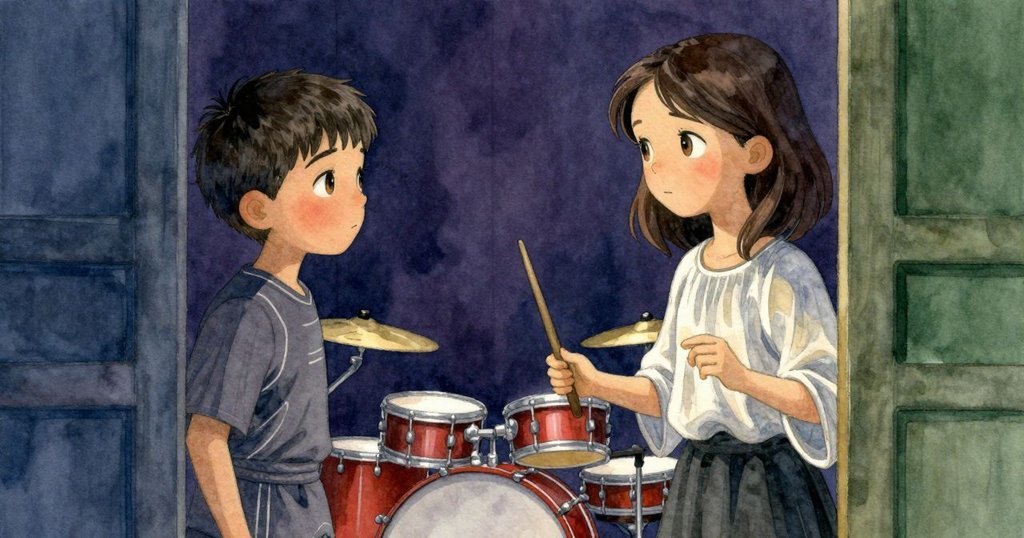 透過狹隘角落窺視,兩位鼓手默契演奏調整樂器,柔和側光照射下展現專注協調,現場氛圍靜謐深邃