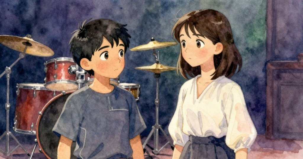 懷舊色調舞台上,樂器漆面映出溫暖燈光,鼓手默契交流展現無聲理解,畫面柔和充滿回憶與情感