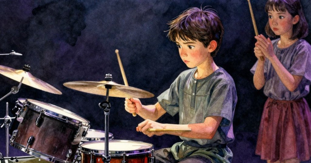 舞台瞬間緊張,鼓手調整金屬銷釘引起另一鼓手鼓棒停頓,雙方表情凝重展現音樂張力,聚光燈下情緒高漲