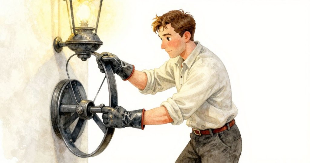 基蘭戴著手套的手正在轉動曲柄,部分展示燈室內的溫暖光線與海風吹拂下的冷色陰影,充滿神秘感。