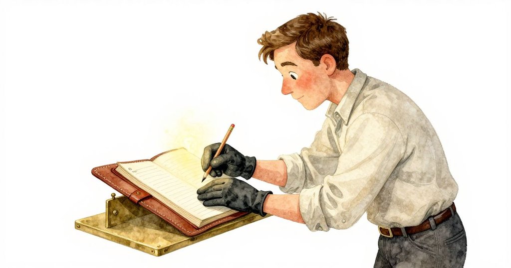 基蘭正小心地將皮革賬本推過銅色架子,手中鉛筆隨時準備記錄下一道光芒,細節特寫顯現精緻質感。