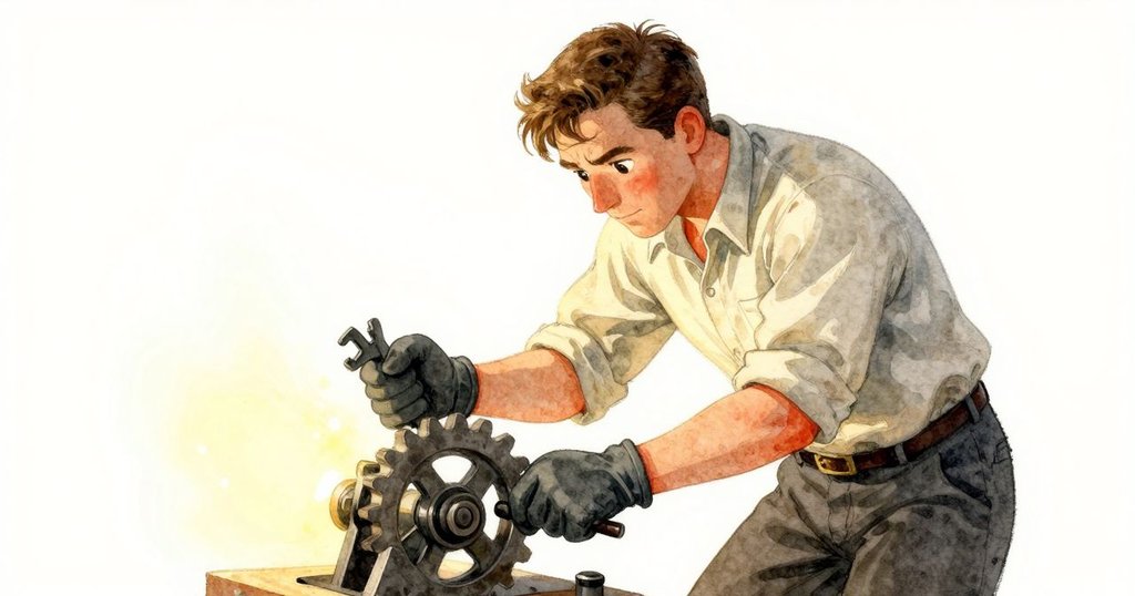 從低角度展現基蘭專注的神情,他正努力調整卡住的鑰匙與齒輪,燈光與陰影間形成強烈對比。