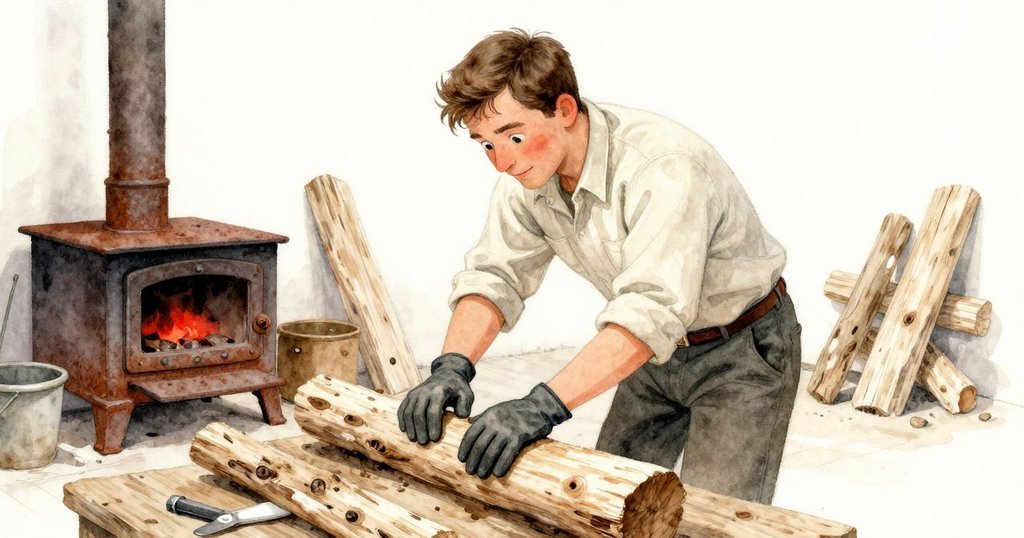 基蘭在樓梯下的工作間中精雕漂流木,身旁有鏽跡爐具與潮濕木屑,場景充滿寧靜而深邃的氛圍。