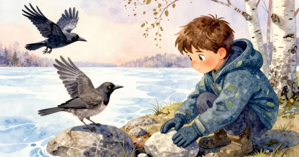 男孩Grey在冰面上準備擲石，冰湖與白樺林交錯，烏鴉高飛，營造冒險前奏與冬日寧靜感。