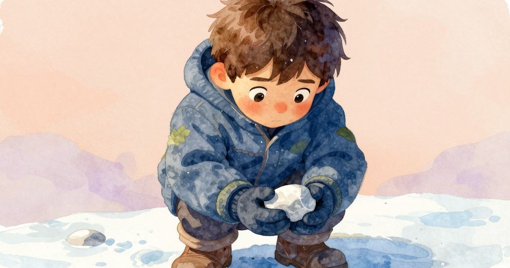 男孩Grey專注凝視，手持光滑石頭在冰面上調整角度，細膩呼吸顯示冬日冷冽中堅定的心情。