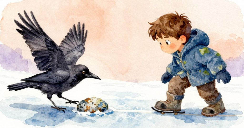 冰面分割畫面，一邊烏鴉輕觸苔蘚碎片，一邊男孩Grey注視石頭滑動，動作中流露出自然與技巧的交流。