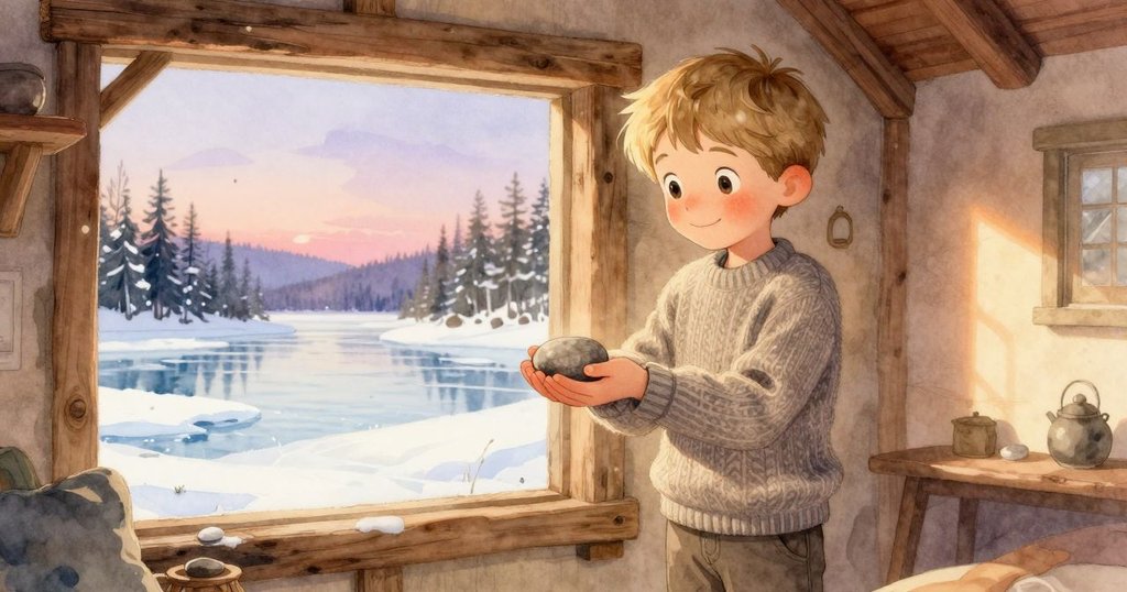 室內溫馨小屋中，男孩Rafe微笑著從毛衣口袋中取出石頭，燈光柔暖映襯窗外冰凍湖景，呈現溫馨對比。
