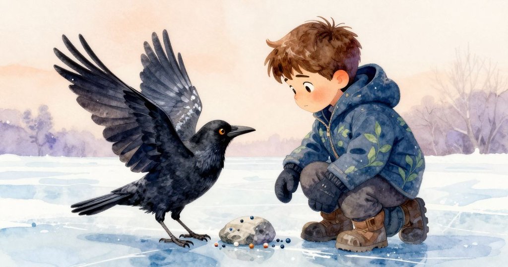 冰面邊緣，男孩Grey微笑著重新擺放石頭，烏鴉靜靜注視，冬日蒼白天空映襯下展現出柔和而和諧的結局。