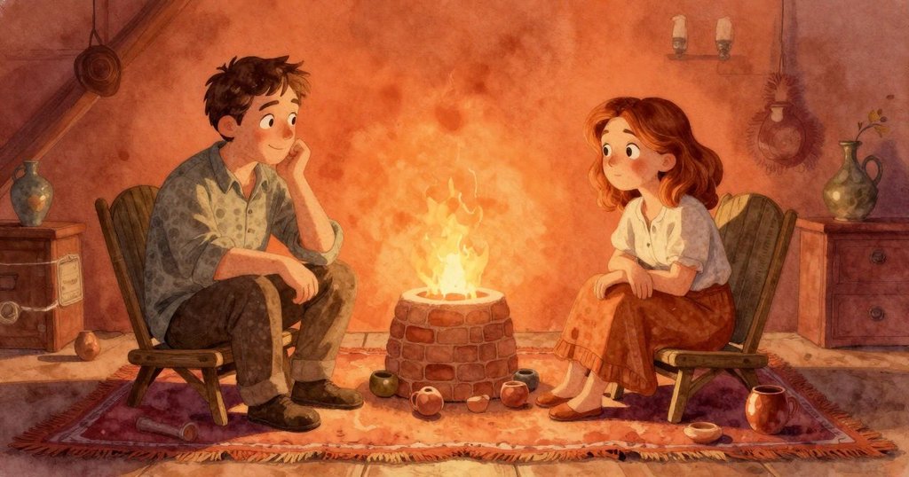 在工作室中,Lyle忙著整理陶瓷物件,Glynis好奇透窗探視,爐火映出暖冷對比與豐富細節。