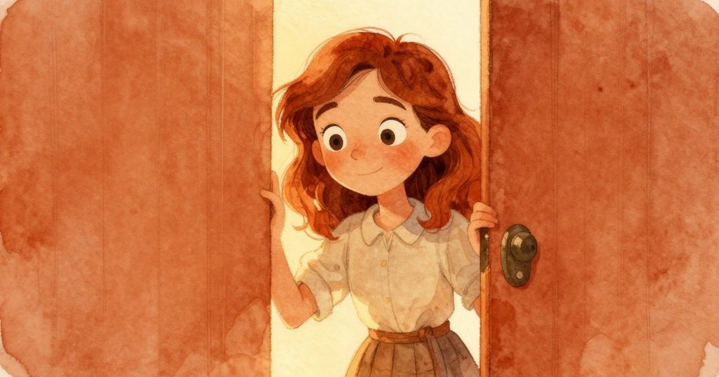 Glynis探頭靠近觀察窗口,臉上浮現好奇與柔和驚喜,背景爐火映出溫暖光輝。