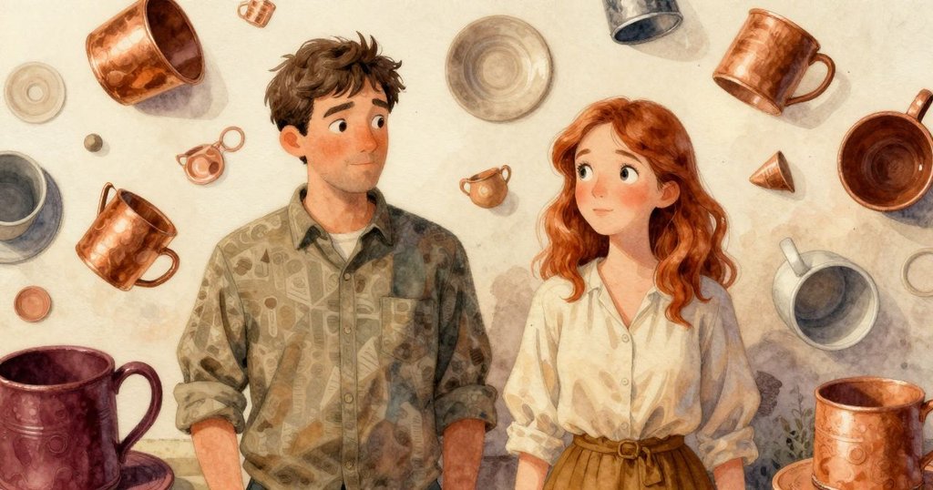 物件堆疊呈現超現實排列,陶瓷杯、筆記本與錫盒錯落有致,打造出神祕且夢幻的工作空間。