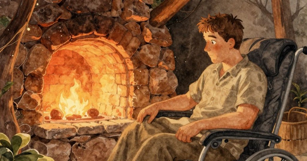 Lyle驚覺躺椅缺毯,手觸溫暖磚面,臉上流露疑惑與關切,光影交織出豐富情緒。