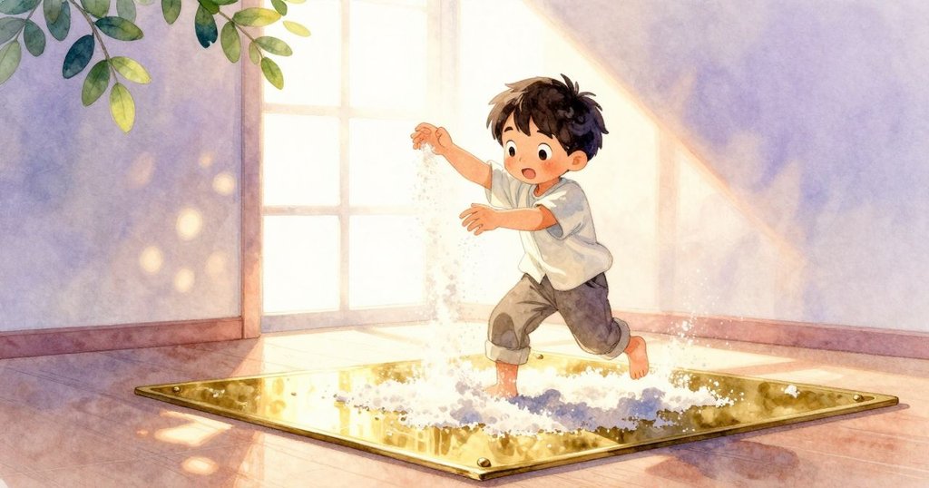 馬多克斯在光亮房間中散布白沙在黃銅色盤上，充滿動感與專注，場景明亮溫暖。