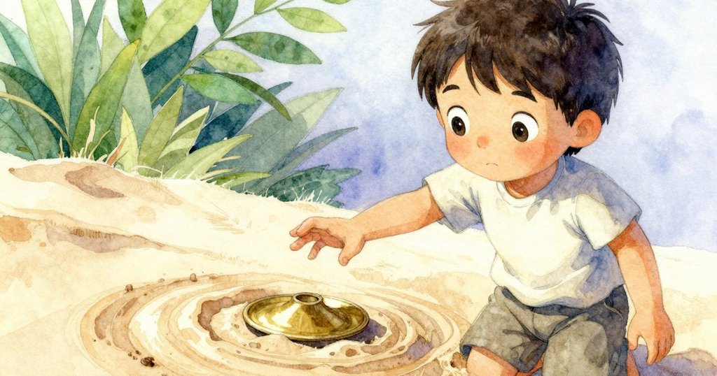 馬多克斯的手輕輕觸碰黃銅盤上精細的沙紋，細膩紋理與輕微刮痕展現真摯情感。