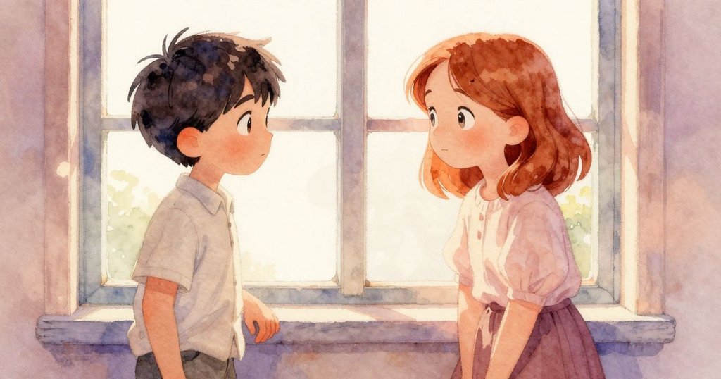 關恩透過窗框靜靜看著馬多克斯工作，其神情透露寧靜理解，房間光線柔和溫暖。