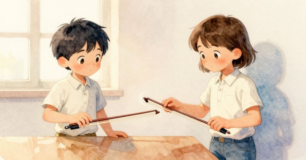 邁爾斯在桌邊拉弓，發出清脆樂音，馬多克斯遠觀環境震動與沙粒輕舞，情境充滿詩意。