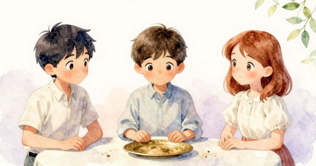 最終場景展現桌上黃銅盤、沙紋、銀色刮痕與弦外余音，三人靜觀，情景充滿寧靜與深刻回味。