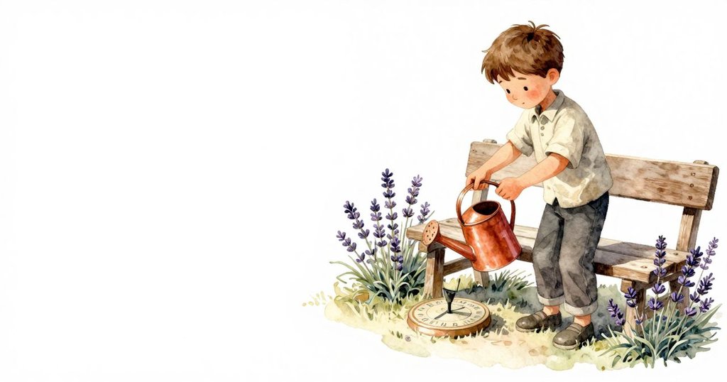 Troy輕倒銅灑水壺於花園長椅旁, 陽光下薰衣草與百里香圍繞, 充滿期待與活力, 戶外景色寬廣