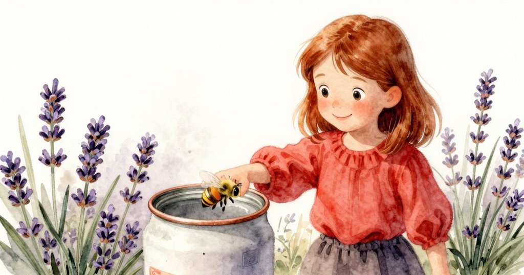 從蜜蜂視角觀察, Vera於濕潤水罐邊緣描繪, 薰衣草間飛舞蜜蜂, 自然氣息與細膩動作呈現花園故事