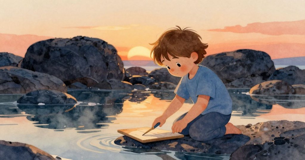 Ruby 膝跪於潮池邊放置小板,寧靜岩石背景,光線柔和,展現初始探索與期待的情緒