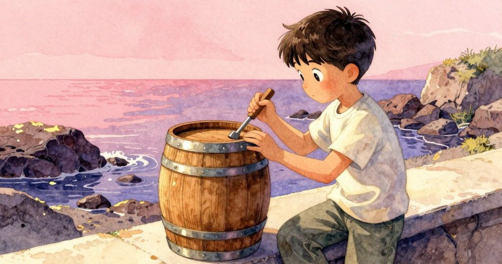 Ben 靠在岩壁邊,小心用工具檢查木桶,展示探索與細膩動作的過程